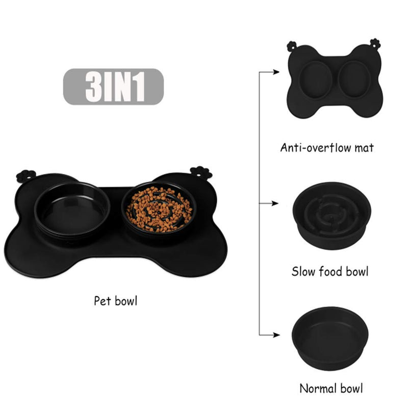 gootrades Foldable 2 Cups Slow Feeder Dog Bowl 3 in 1 ,to Slow Down Eating for Large Small Dogs, with No-Spill Non-Skid Silicone Mat Stainless Steel Water Bowl (Black) Black - PawsPlanet Australia