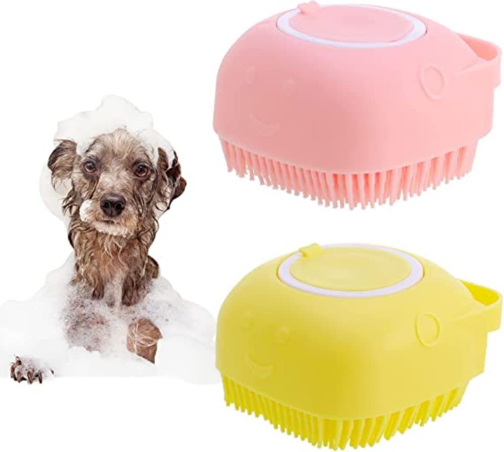 Pack Of 2 Dog/Cat Bath Brush(Pink & Yellow) shower Grooming Brush Bath Soothe Massage with Shampoo Dispenser Soft Silicone Bristle,for Dogs Cats Shower - PawsPlanet Australia