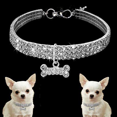 BbearT® Pet Collar,Bling Bling Crystal Elastic Collar Fancy Rhinestone Diamond Cat Collar Necklace for Cats Small Dog (Small-20 * 5cm, White) Small--20*5cm - PawsPlanet Australia