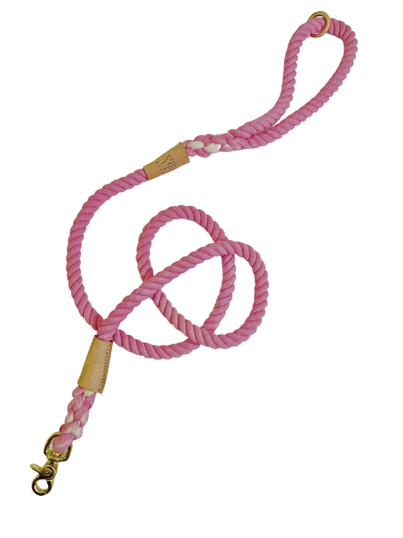 BULPET Eco Friendly Organic Cotton Durable Pink Rope Leash with Brown Leather and Gold Brass Hardware/ 5 and a Half ft/ All Dogs - PawsPlanet Australia