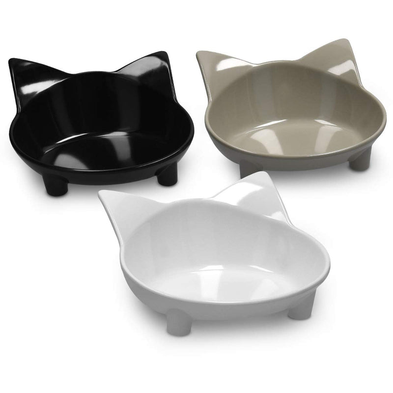 Navaris Cat Bowls with Ears (Set of 3) - Cute Feeding Bowl Set for Cats and Kittens - Non-Slip Melamine Dishes for Food and Water - Black, Grey, White - PawsPlanet Australia