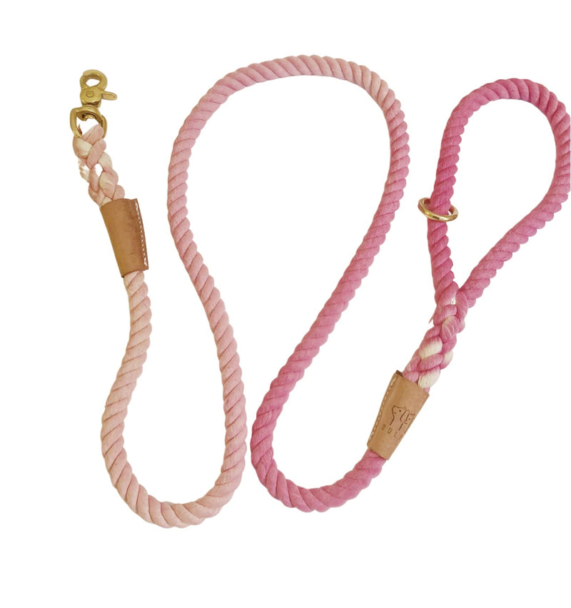 BULPET Eco Friendly Organic Cotton Durable Dog Ombre Pink Rope Leash with Brown Leather and Gold Brass Hardware/ 5 Ft/ All Dogs - PawsPlanet Australia