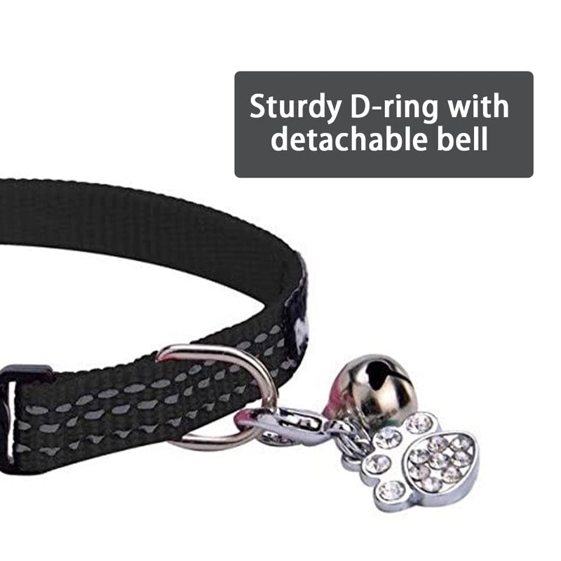 BINGPET Safety Nylon Reflective Cat Collar Breakaway Adjustable Cats Collars with Bell and Bling Paw Charm Black - PawsPlanet Australia