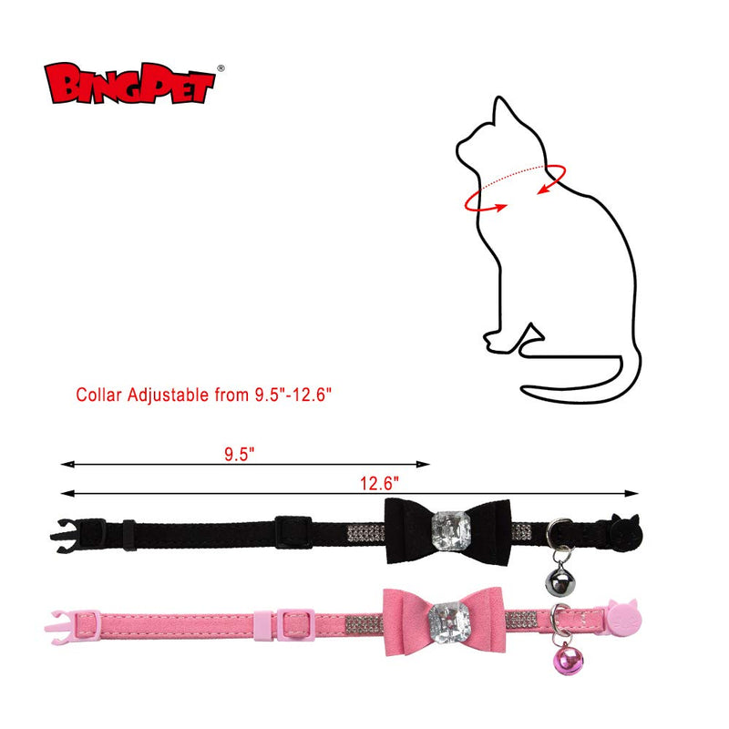 [Australia] - BINGPET Breakaway Cat Collar with Bowtie Diamonds and Bell Adjustable Safety for Puppy Kitten, Pink&Black (2 Pack) 