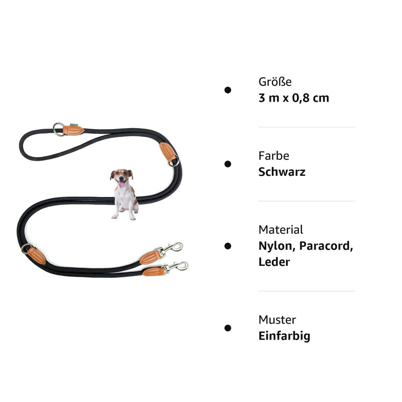 Quiet green dog leash for small dogs, light Lead leash 3m adjustable with 2 carabiners | 3 meters long x 0.8 cm | Only 200g | Model Devon | Black 3m x 0.8cm - PawsPlanet Australia