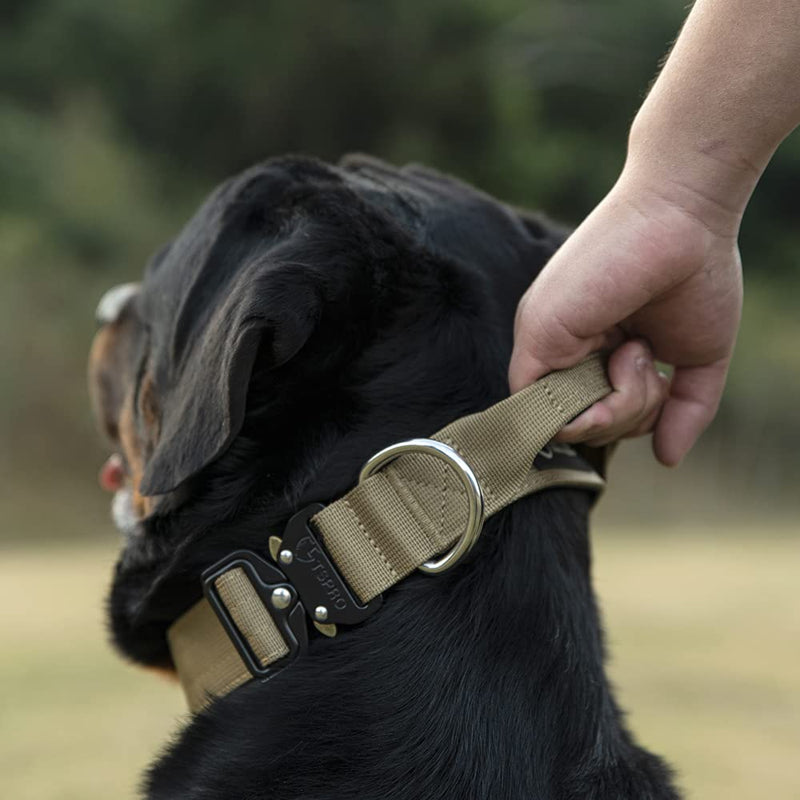 TSPRO Premium Dog Collar with Handle Thick Adjustable Dog Collar Heavy Duty Quick Release Metal Buckle Dog Collar for Small or Medium to Extra Large Dogsz(Khaki-L) Handle Version-Size L-(Adjustable47-66cm) Khaki - PawsPlanet Australia