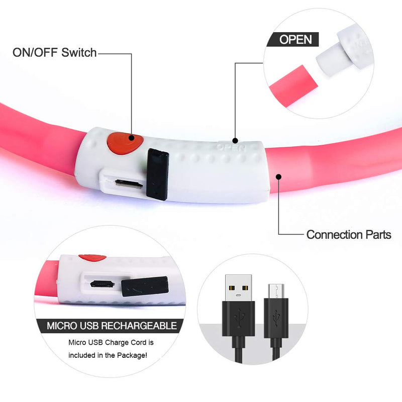[Australia] - USB Rechargeable LED Dog Collar - Glowing Pet Safety Collar Silicone Cuttable Light Up Dog Collar Lights for Night Dog Walking Pink 