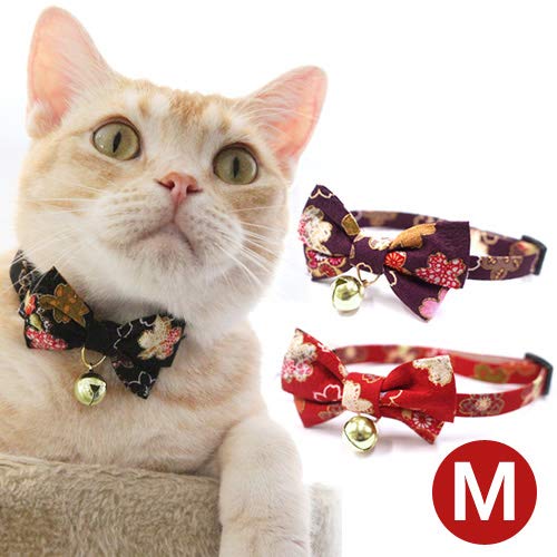 [Australia] - PetSoKoo Bowtie Cat Collar with Bell. Colorful Sakura Kimono Style Bow Tie. 100% Cotton. Safety Breakaway Buckle .Light Weight, Soft, Durable. Medium (8-12 inch,20cm-31cm) Red 