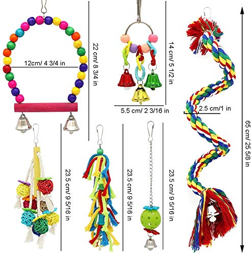 Dofyou 6pcs Bird Parrot Toys Hanging Bell Chewing Natural Wood and Rope Bungee Bird Toy for Small Parakeets Cockatiels, Conures, Macaws, Parrots, Love Birds, Finches - PawsPlanet Australia