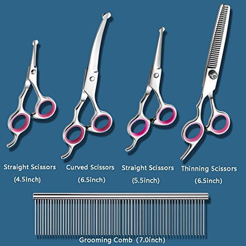 Zwini Pet Grooming Scissors Set 5 in 1 Stainless Steel Pet Trimmer Kit Pet Grooming Scissors Set Hair Care for Dog Cat With 7.5-inch Cutting Scissors Thinning Shear Curved Scissors Grooming Comb - PawsPlanet Australia