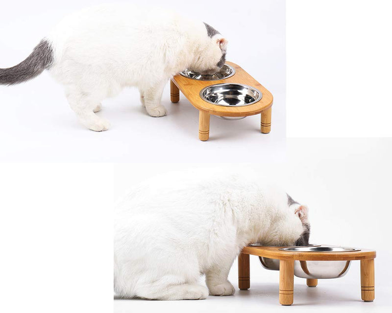 [Australia] - Lepet Raised Dog Bowls Cat Food Stand with 2 Stainless Steel Bowls, Elevated Small Dog Bowls with Bamboo Stand 