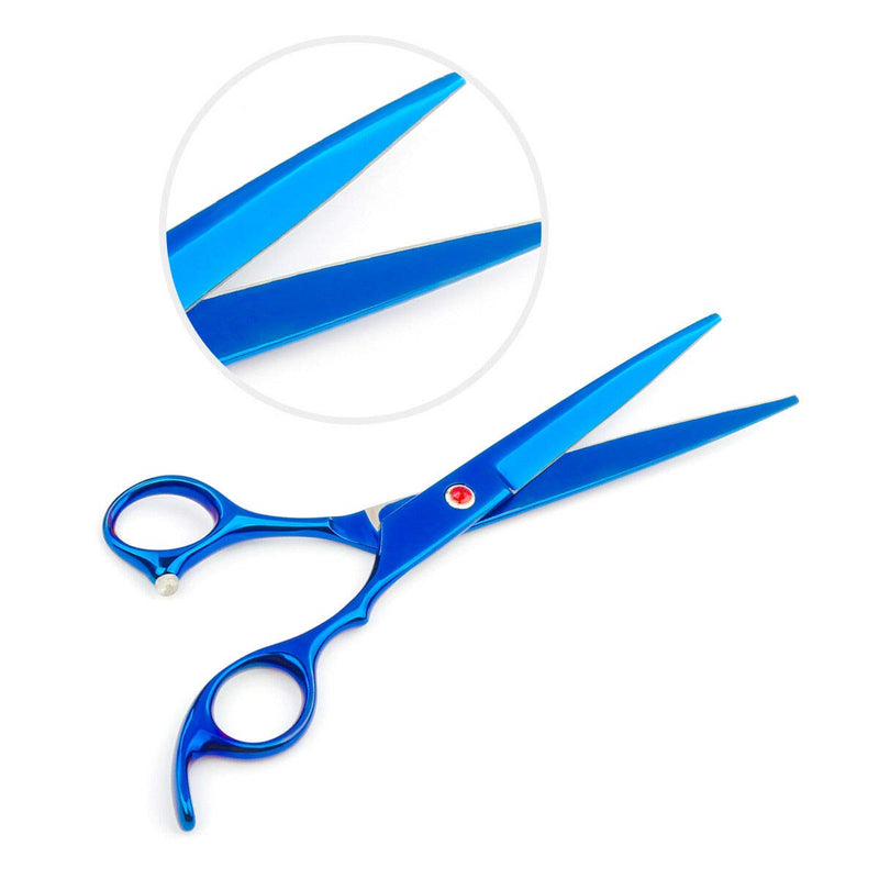 LINGSFIRE Pet Grooming Set Dog Cat Grooming Scissors Kit 5 Pieces Stainless Steel Rounded Tip Scissors, Thinning, Straight and Curved Shears, Comb Wiping Cloth With Leather Case -Blue - PawsPlanet Australia