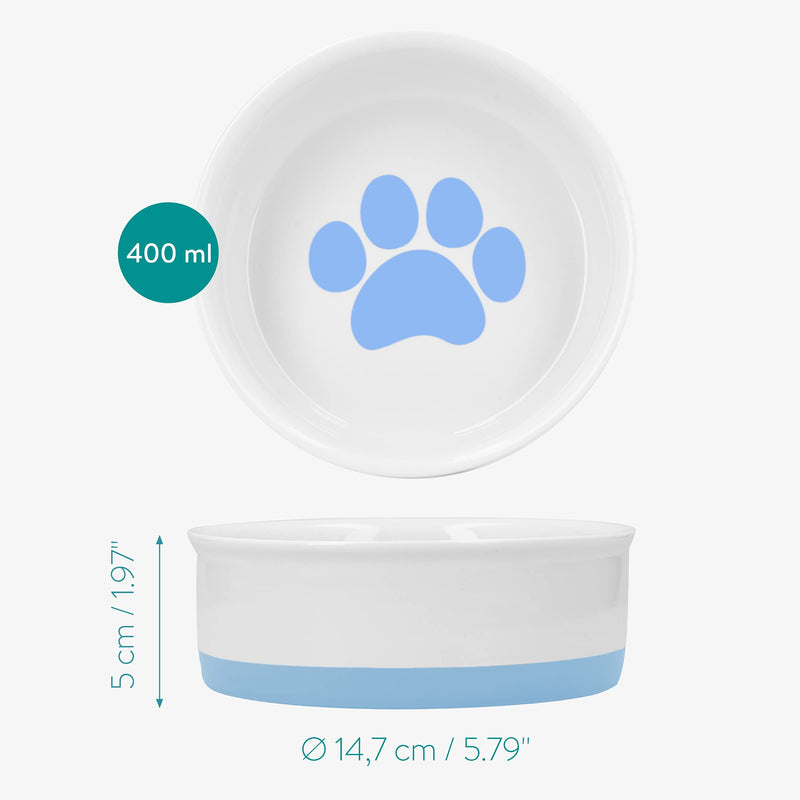 Navaris Porcelain Cat Bowls (Set of 2) - 15cm Food and Water Bowl Dishes for Pet Cats and More - With Non-Slip Silicone Bottom - Blue Paw Design - PawsPlanet Australia