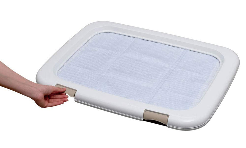 Iris Ohyama, Training pad holder / puppy training tray, grid for dry paws, 2 latch closure, non-skid rubber feet, holds pad 45 x 33 cm, for puppy & dog - Dog Toilet Training FTT-485 - Beige Small Tray with grid - PawsPlanet Australia