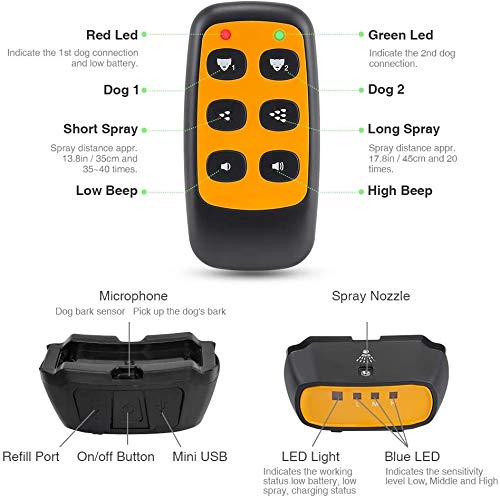 Citronella Dog Training Collar, (Not Include Citronella Spray) Spray Dog Bark Collar Humane Safe No Shock Anti-Bark Collar Stop Barking Rechargeable Orange-with remote - PawsPlanet Australia