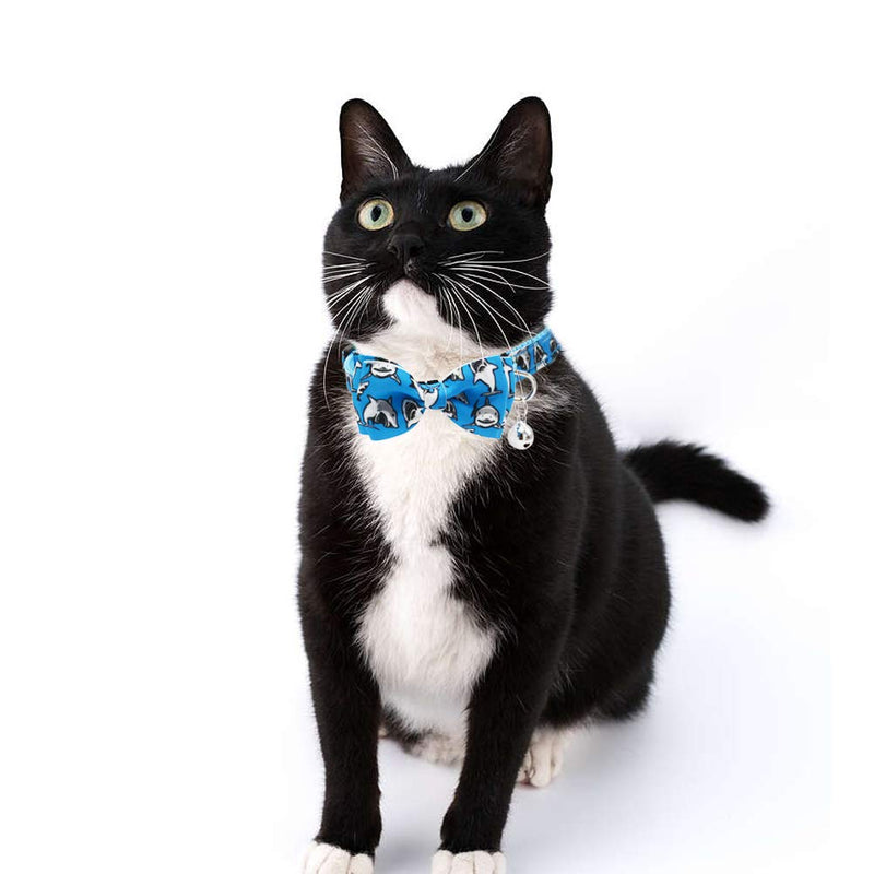 3 Pack Cat Collar Breakaway with Removable Cute Bow Tie and Bell Adjustable Safety Buckle Shark Print White Light Blue and Blue - PawsPlanet Australia