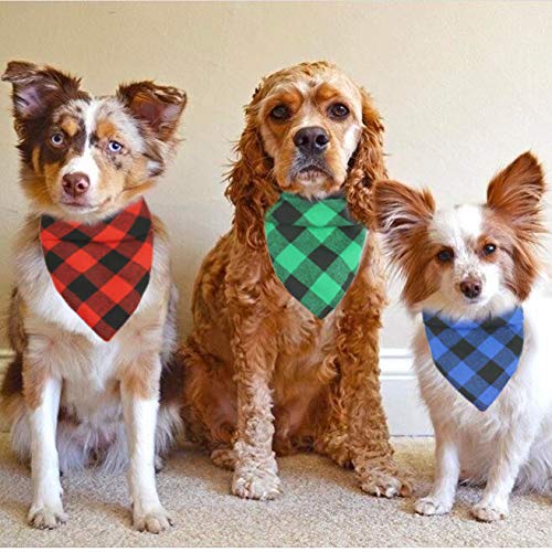 Pohshido 3 Pack Dog Buffalo Plaid Flannel Bandanas Scarfs Holiday Triangle Bibs Accessories for Small Medium Large Dogs Cats Puppies Pets, Red Black, Green and Navy Blue - PawsPlanet Australia