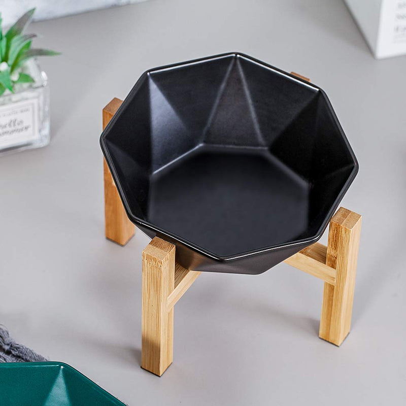 HCHLQLZ Black with stand Ceramic Tilted Elevated Raised Pet Bowl with bamboo Stand for Cats and Dogs No Spill Pet Food Water Feeder - PawsPlanet Australia