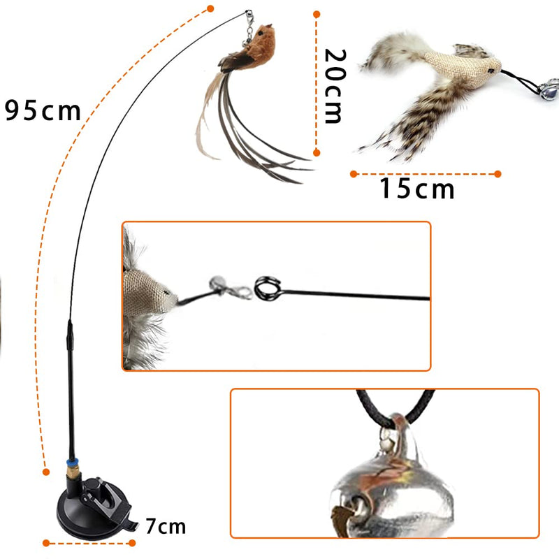 ZDQC Cat bell wand, cat fishing rod suction cup, cat fishing rod with feathers and bells, cat bell magic wand, interactive cat toy feathers (bird lifelike + strong suction cup) C - PawsPlanet Australia