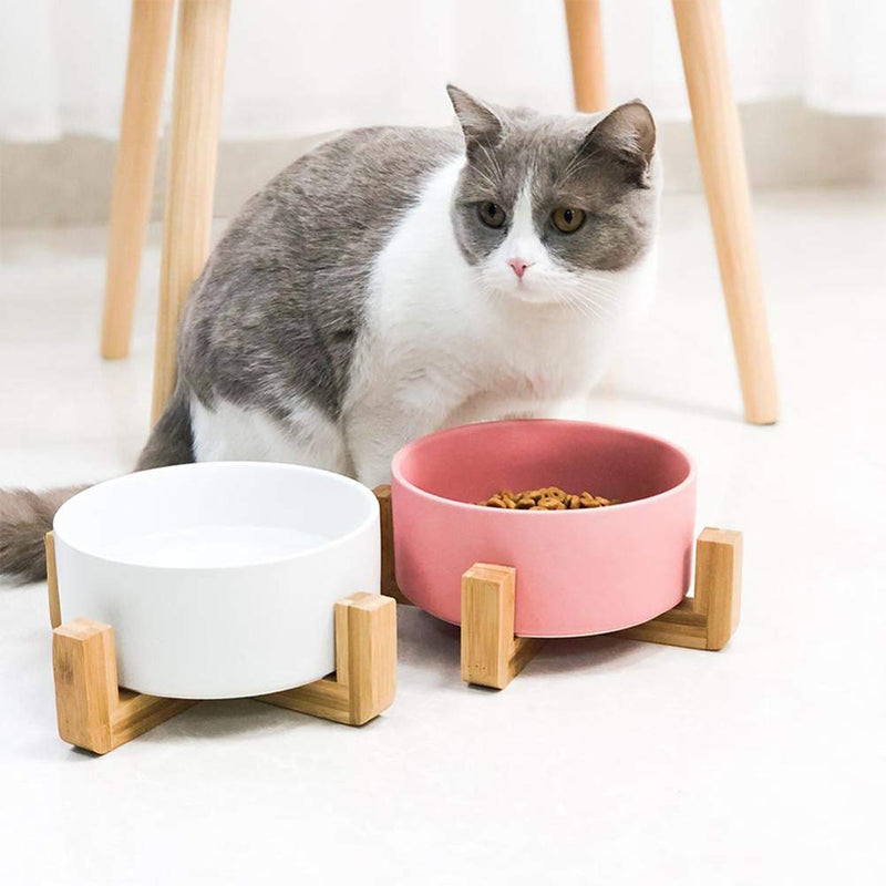 Leikance Pet Ceramic Bowl,Pet Bowl with Wooden Shelf Pet Food Water Dishes Non-slip Ceramic Bowl for Dog Cat - PawsPlanet Australia