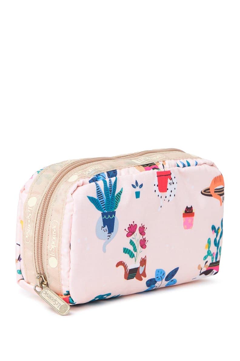 LeSportsac Comfy Cats Rectangular Cosmetic Bag Style 6511/Color F645 Colorful Playful Cozy Kittens and Cats Amid Floral Designs, Light Pink Iridescent Sheen Bag - PawsPlanet Australia