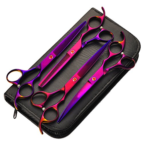 Fancyli Dog Grooming Scissors, Rainbow 7 inches Pet Stainless Steel Curved Scissor Suit Provided With Curved Thinning Shear and Steel Grooming Comb Set (Purple) Purple - PawsPlanet Australia