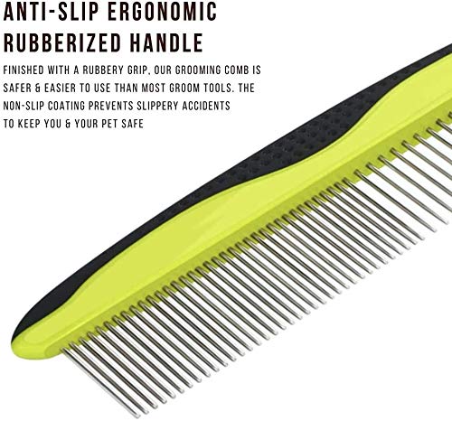 [Australia] - MG+ Dog Comb, Cat Comb with Rounded and Smooth Ends Stainless Steel Teeth and Non-Slip Grip Handle, Pet Comb for Long and Short Haired Dogs, Cats and Other Pets Green 
