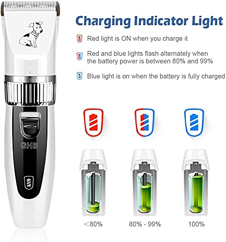 GHB Electric Dog Hair Clipper Cordless Pet Grooming Kit Low Noise with Steel Comb Scissor 2 Rechargeable Batteries 6 Guide Combs White - PawsPlanet Australia