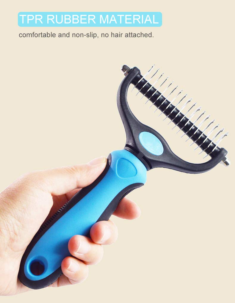 WISEDAO - 2 Sided Undercoat Rake Comb for Cats & Dogs, Safe Dematting & Deshedding Brush, Pet Grooming Tool, No Scratch & No Pain, Remove Mats & Tangles Easily - Blue - PawsPlanet Australia