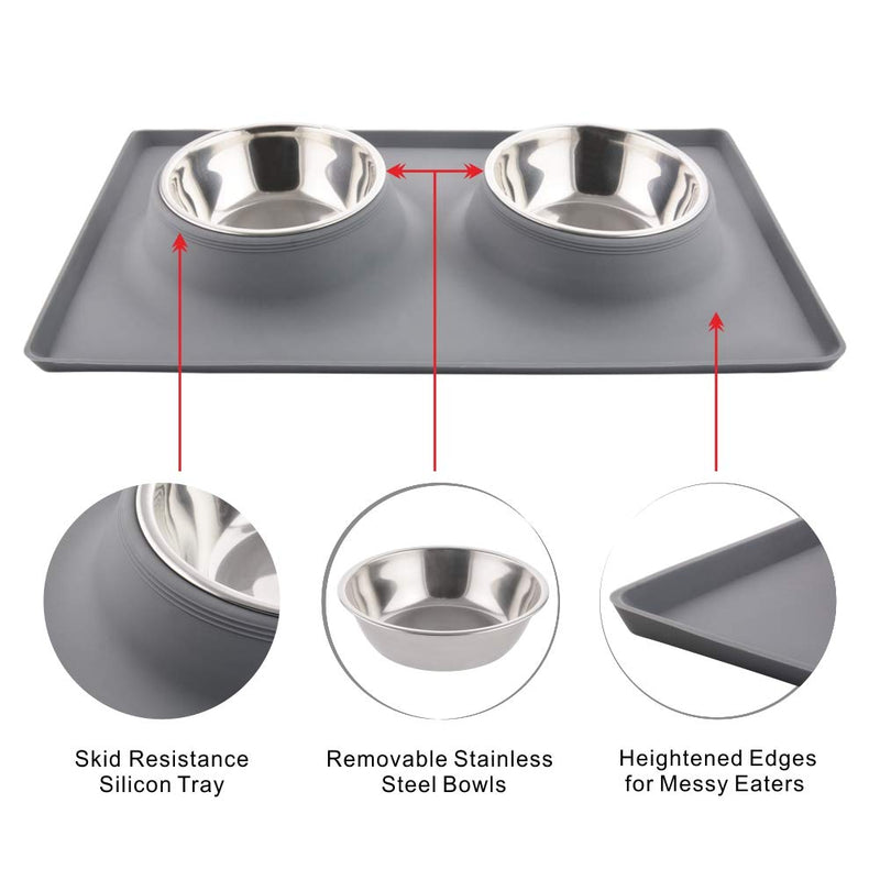 MOACC Dog Bowls, 2 x 750ml Stainless Steel Pet Food Bowl, Cat Water Bowls with No-Spill Anti-Slip Silicone Mat for Medium or Small Dogs or Cats L(2*750ml) Grey - PawsPlanet Australia