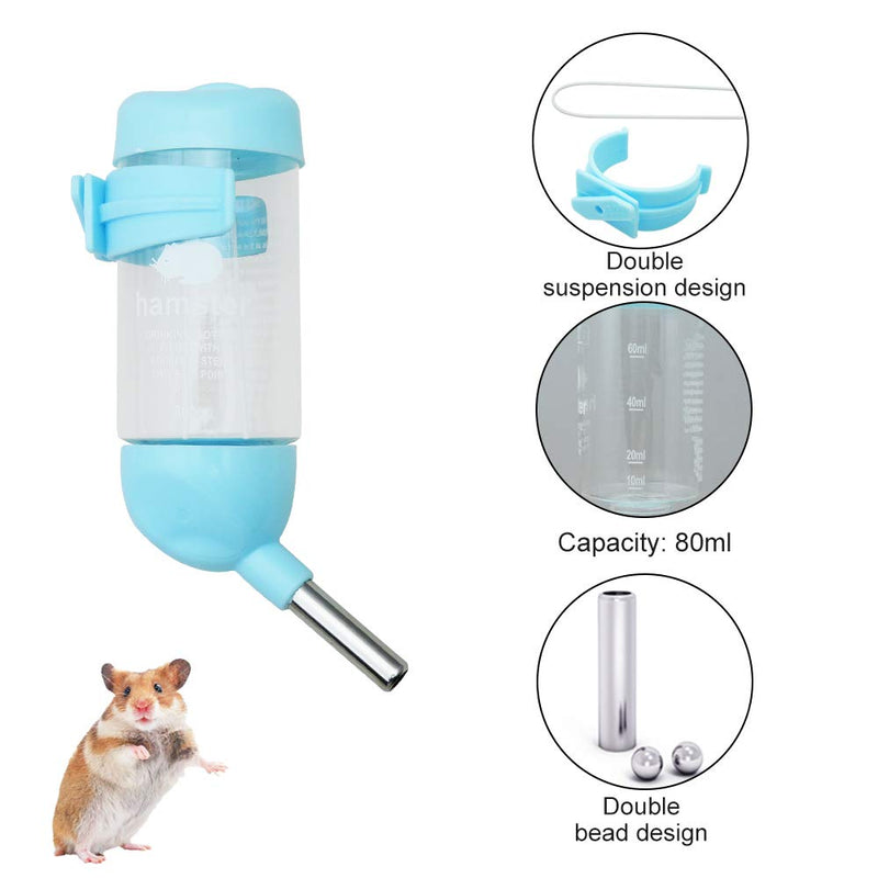 WishLotus Hamster Dispenser Bottle, No Drip Plastic Hanging Water Bottle Automatic Water Bottle Dispenser Cage Bowl with 2 Rolling Balls for Rabbit, Guinea Pig, Rat, Gerbil, Chinchilla (80ml, Blue) 1 Count (Pack of 1) - PawsPlanet Australia