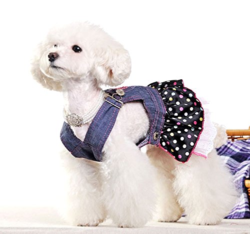 SMALLLEE_LUCKY_STORE Small Dog Dress Female Denim Overalls Vest Dots Print Lace Skirt Tiered Heart Shaped Pet Clothes XS Blue - PawsPlanet Australia