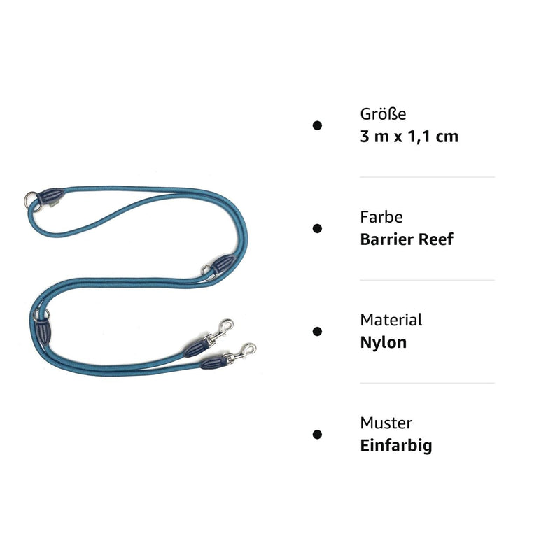 Quiet green dog leash 3m adjustable for large & medium dogs | Paracord leash | Nylon double leash with 2 carabiners | 3 meters long | Model Derby | Petrol Blue Barrier Reef 3 m x 1.1 cm - PawsPlanet Australia