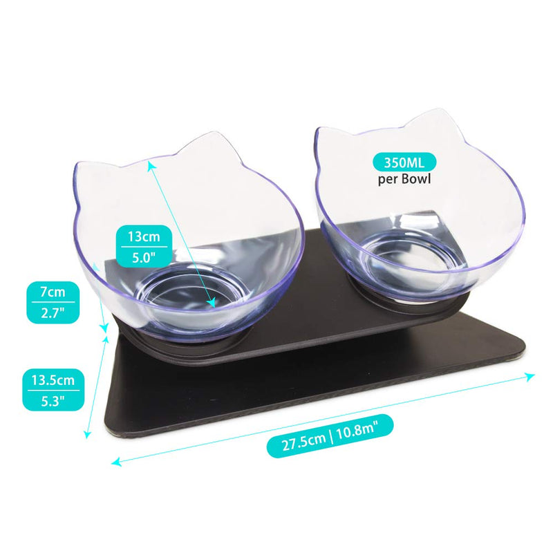 [Australia] - Aqueous Cat Elevated Double Transparent Plastic Bowl,Pet Feeding Bowl | Raised The Bottom for Cats and Small Dogs ，Cute Cat Face Double Bowl black 