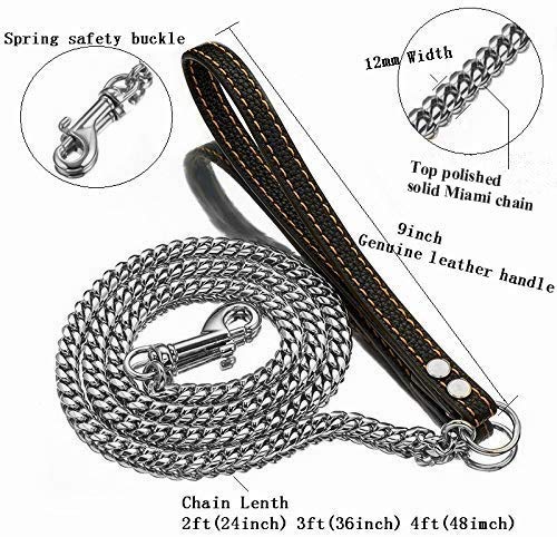 [Australia] - Aiyidi Premium Strong Stainless Steel Dog Leash, 2ft, 3ft, 4ft, Metal Dog Chain,12mm Silver Cuban Curb Chain Dog Leash, for Large & Medium & Small Pets, with Genuine Leather Handle 2ft (24inch) for Large dog 