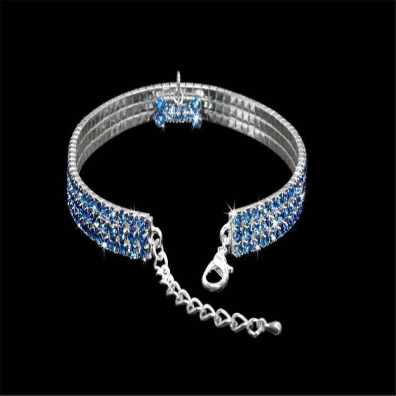 Dogs Kingdom Amazing 3 Rows Rhinestones Necklace Pet Cat Dog Collar Bling Rhinestone Bone Jewelry Party Wedding Accessories S:8-10" neck Dark Blue - PawsPlanet Australia