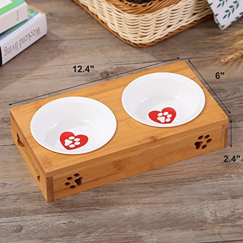 Da Jia Inc Solid Bamboo Elevated Pet Dinner Feeder for Small Dogs and Cats Raised Stand with Two Ceramic Bowls 2 Bowls Heart Pattern - PawsPlanet Australia