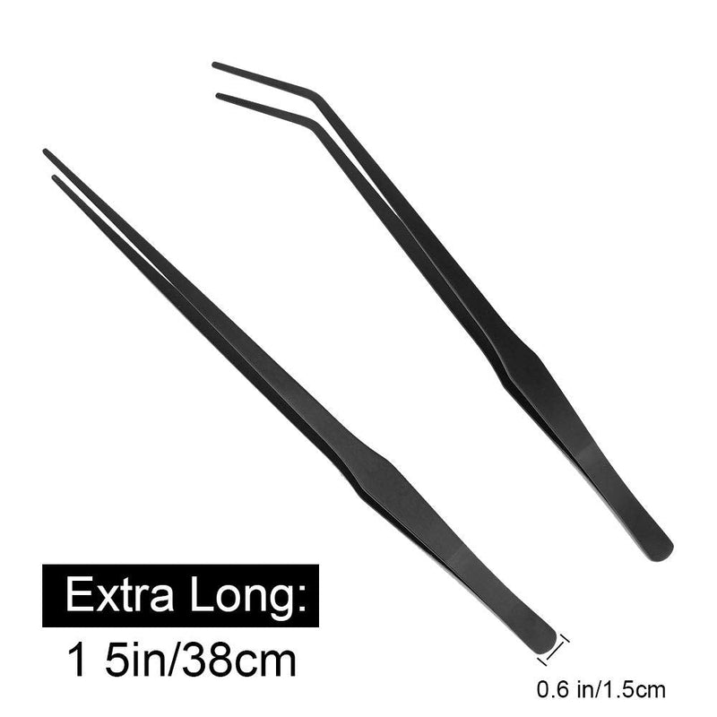 zhuohua 15 inch Black Straight and Curved Stainless Steel Aquarium Tweezers and Aquarium Algae Scraper Double Sided Sponge Long Brush for Fish Tank Plant Aquascape Tools, Feeding Tongs - PawsPlanet Australia