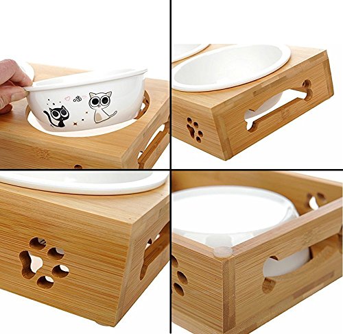 Da Jia Inc Solid Bamboo Elevated Pet Dinner Feeder for Small Dogs and Cats Raised Stand with Two Ceramic Bowls 2 Bowls Heart Pattern - PawsPlanet Australia