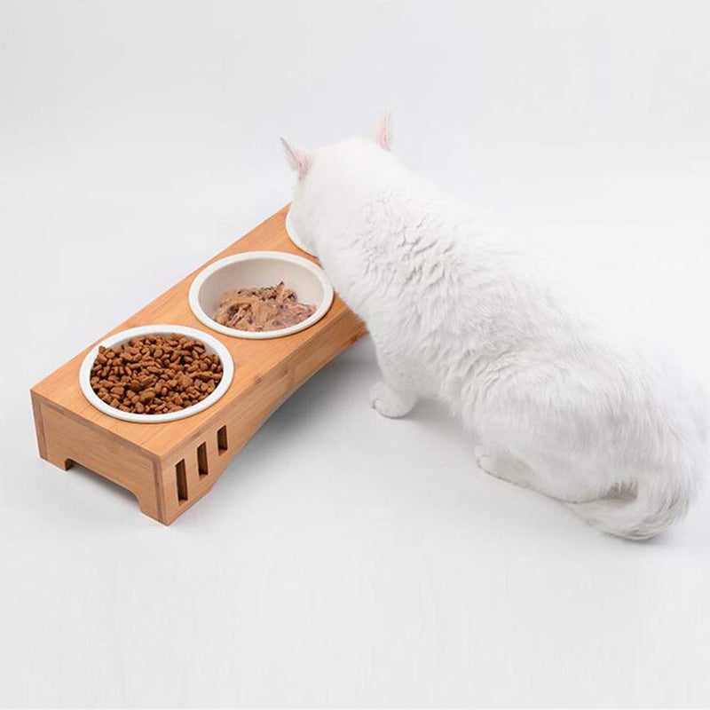 POPETPOP Solid Wood Pet Dining Table Bowl Pet Wooden Tilted Feeders Dog cat Anti-slip Three Bowl Cat Dish with Slope Stand(Heighten,Three Bowls) - PawsPlanet Australia