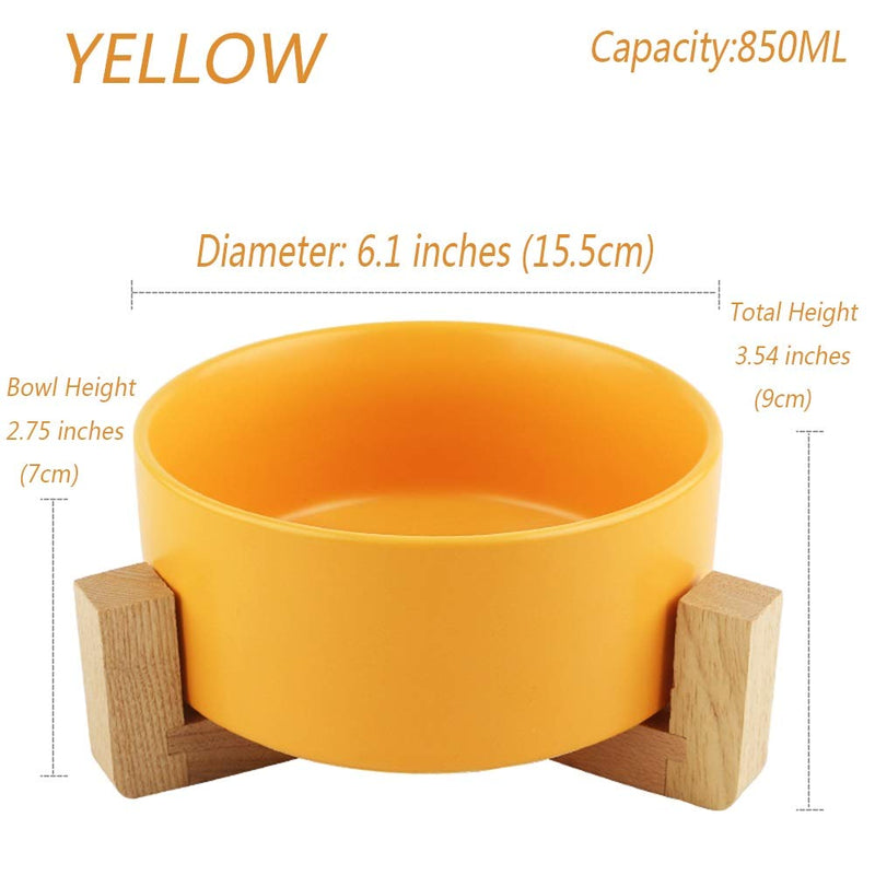 [Australia] - llkajes Ceramic Raised Cat Bowl Food Water Dog Basic Bowl with Anti-Slip Wooden Stand Protect Neck Joints Pet Feeding Bowls Easy to Clean Healthy Eating Yellow 