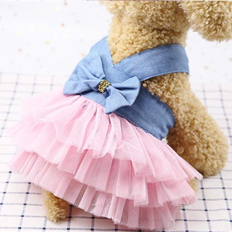 [Australia] - QingLuo Sweet Puppy Dog Princess Dress Pink Purple Bow Lace Tutu Skirt Doggie Dress for Dog Cat (X-Small, Denim Strap Pink) X-Small 