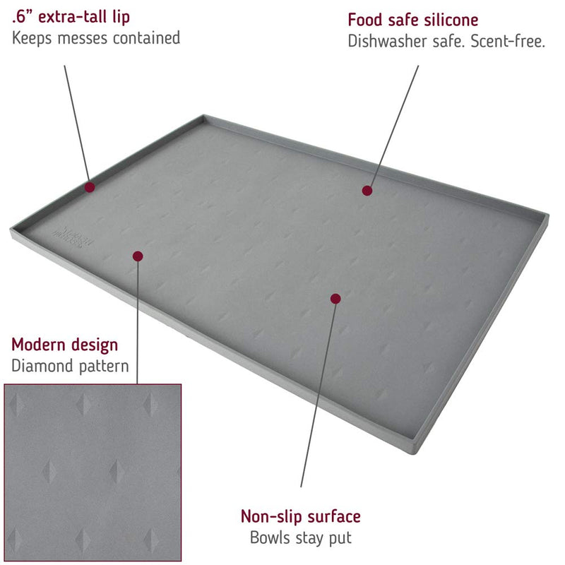 [Australia] - Leashboss Splash Mat XL Dog Food Mat with Tall Lip, 25"x17" Extra Large Dog Bowl Mat for Food and Water, Non Slip Waterproof Silicone Pet Food Mat for Dogs and Cats XL - 25 x 17 Inches Grey 