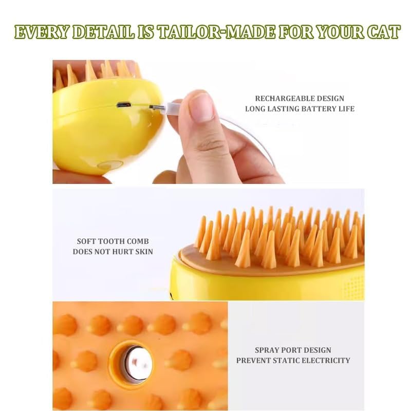 Steamy Cat Brush,Upgraded 3 in 1 Multifunctional Cat Steamer Brush,Self Cleaning Steam Cat Brush for Massage, Silicone Steam Pet Brush for Removing Tangled And Loosse Hai(yellow) Yellow - PawsPlanet Australia