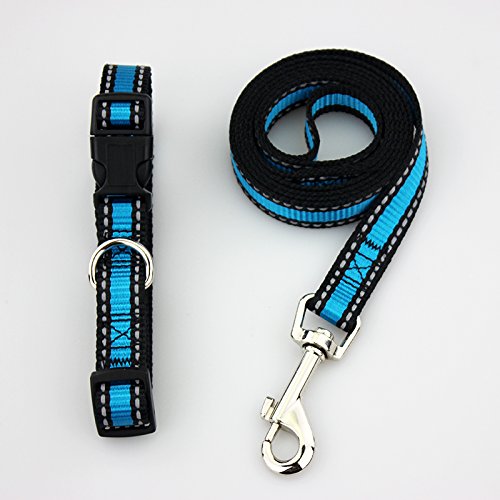 [Australia] - PetsCaptain Reflective Dog Leash and Collar Set, Small & Medium Size Leash 1" x 48"; Collar 1" x Neck Size 14" ~ 22 Blue Black 