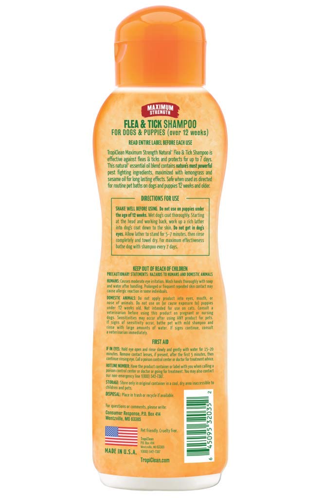TropiClean Natural Flea & Tick Shampoo for Dogs - Made in USA - Kills 99% of Fleas, Ticks, Larvae, Eggs by Contact - EPA-Approved Cedarwood & Lemongrass Oil (335 ml) - PawsPlanet Australia