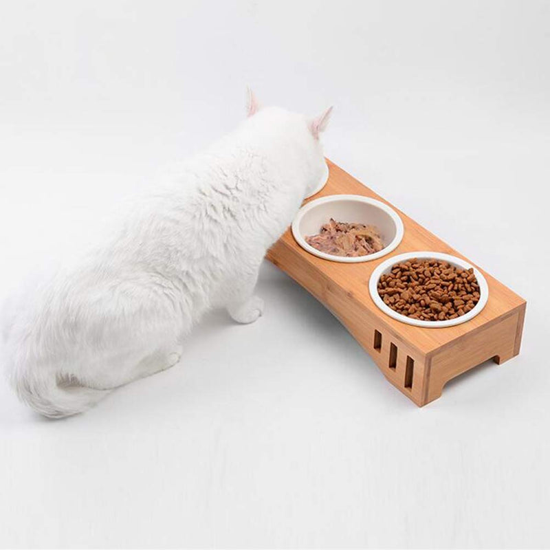 POPETPOP Solid Wood Pet Dining Table Bowl Pet Wooden Tilted Feeders Dog cat Anti-slip Three Bowl Cat Dish with Slope Stand(Heighten,Three Bowls) - PawsPlanet Australia