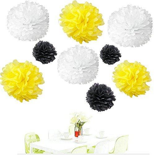 HEARTFEEL 12pcs 10 inch 8inch Tissue Paper Pom-poms Black Yellow Outdoor Decoration Tissue Paper Pom Poms Party Balls Wedding Christmas Xmas Decoration (Black Yellow) - PawsPlanet Australia