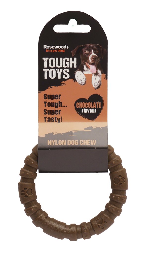 Rosewood Sonny Monkey Dog Toy & large tough and durable chew and teething ring shaped dog toy for all medium and large dogs made of tough nylon material, Chocolate flavoured and scented, brown + Ring shaped dog toy, Chocolate flavoured - PawsPlanet Australia