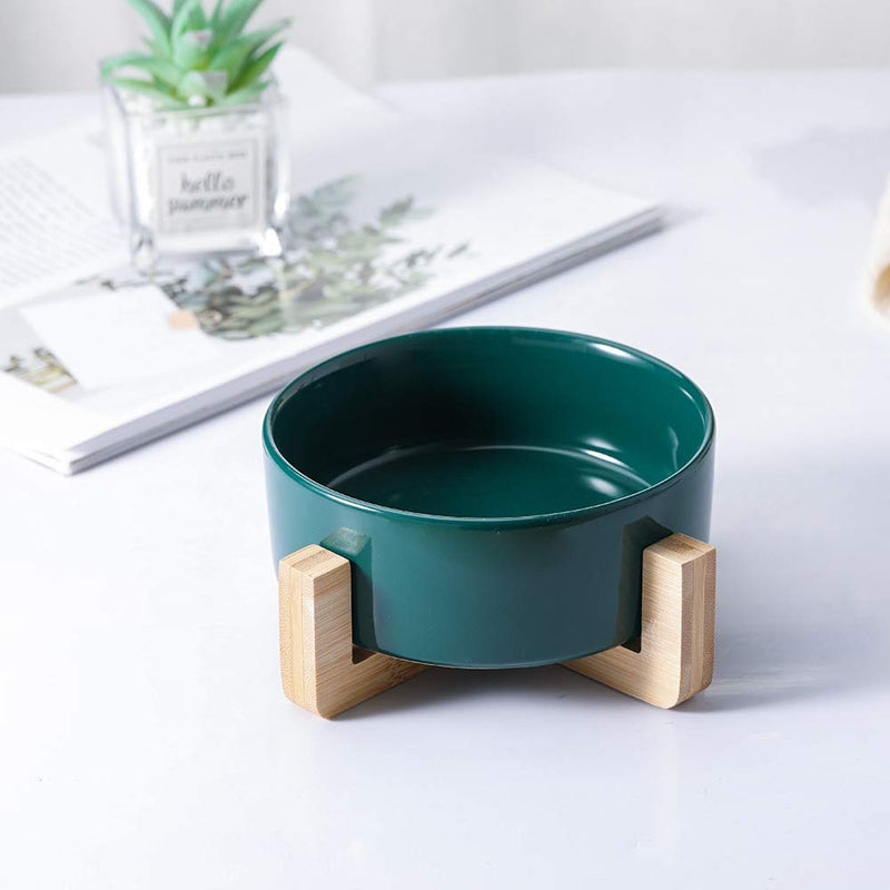 Green 5 inch Ceramic Cat Bowl with Wood Stand No Spill Pet Food Water Feeder Cats Small Dogs Green - PawsPlanet Australia